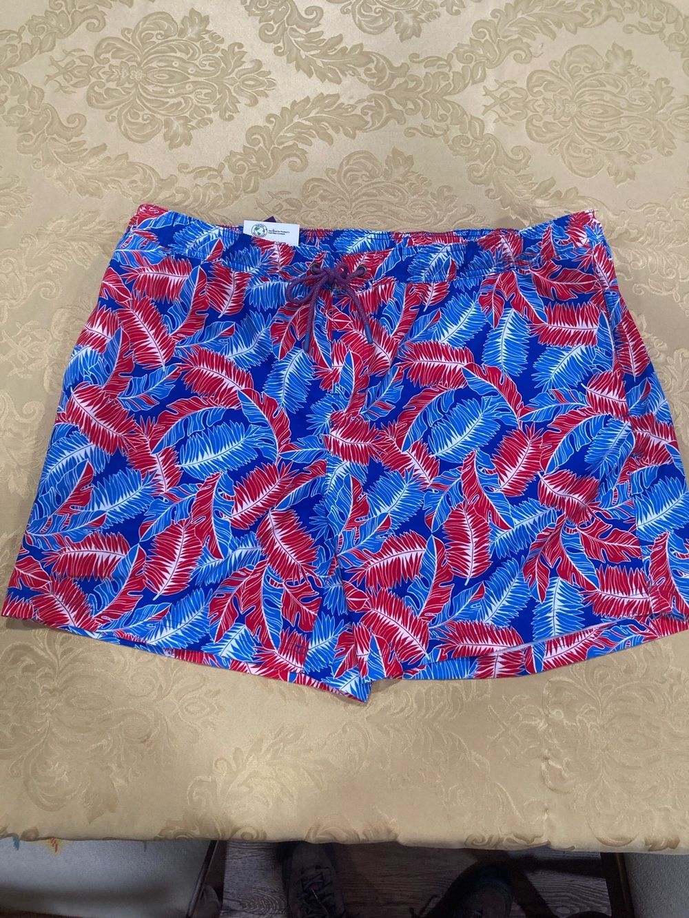 Men's Blue & Red Tropical Leaf Swim Trunks with Elastic Waist